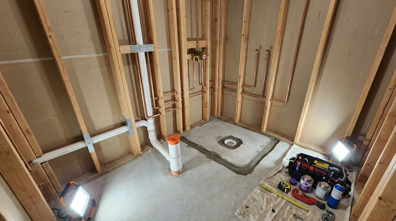 Bathroom rough-in plumbing during remodel by Johns Plumbing LLC in Indian River