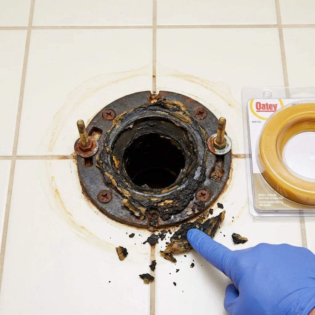 Failed wax ring showing water seepage at the base of a toilet in a Indian River, MI home