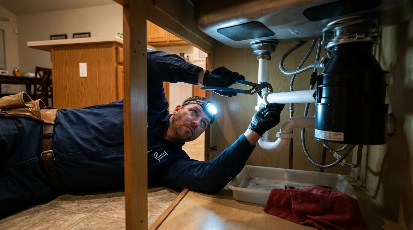 P-trap and supply line connections under a kitchen sink showing a common leak point in Indian River, MI